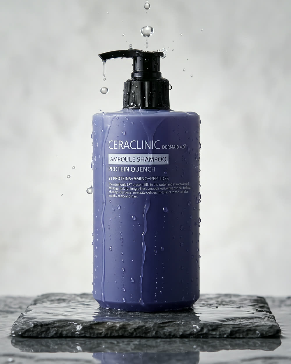 Ampoule Shampoo with water running down the bottle